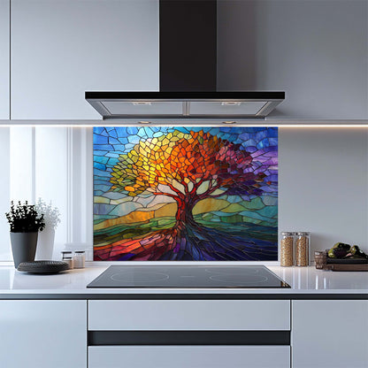 Colorful stained glass tree design on a kitchen glass backsplash