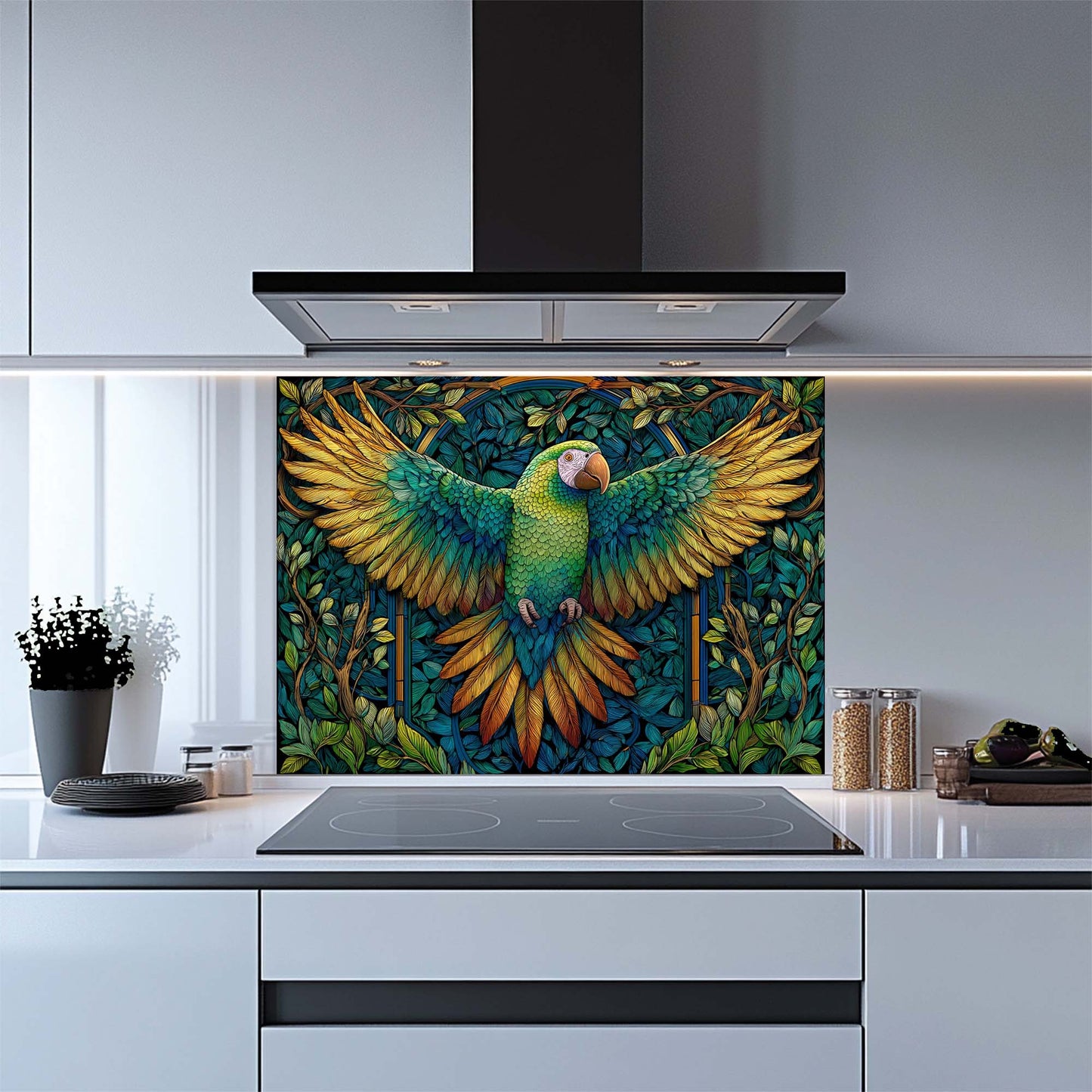 Kitchen with a colorful parrot design on a glass splashback