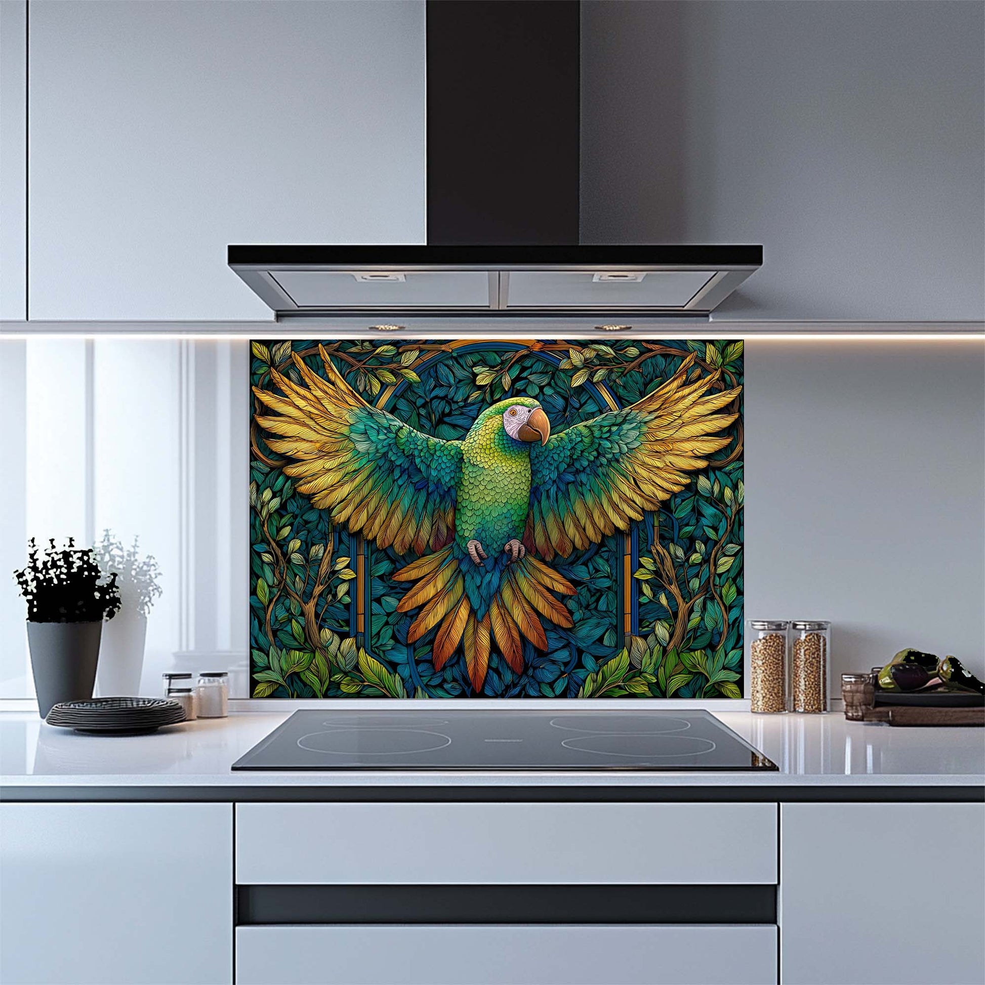 Kitchen with a colorful parrot design on a glass splashback