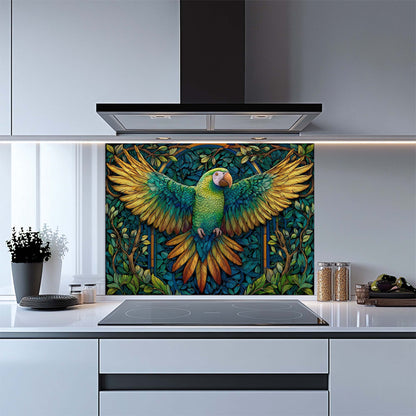 Kitchen with a colorful parrot design on a glass splashback