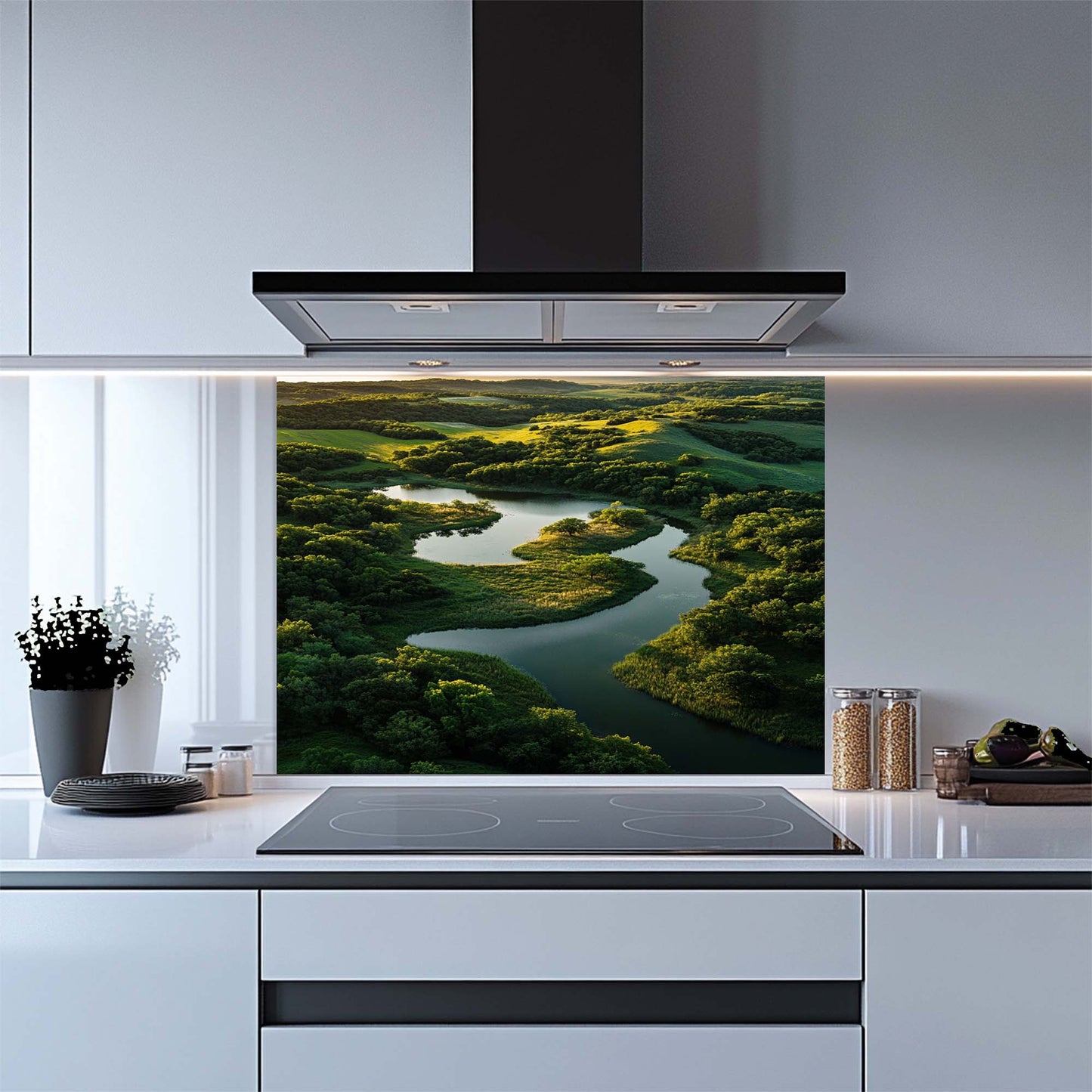 Forest river landscape printed on tempered glass backsplash. Glossy, vibrant, custom fit for kitchen walls.