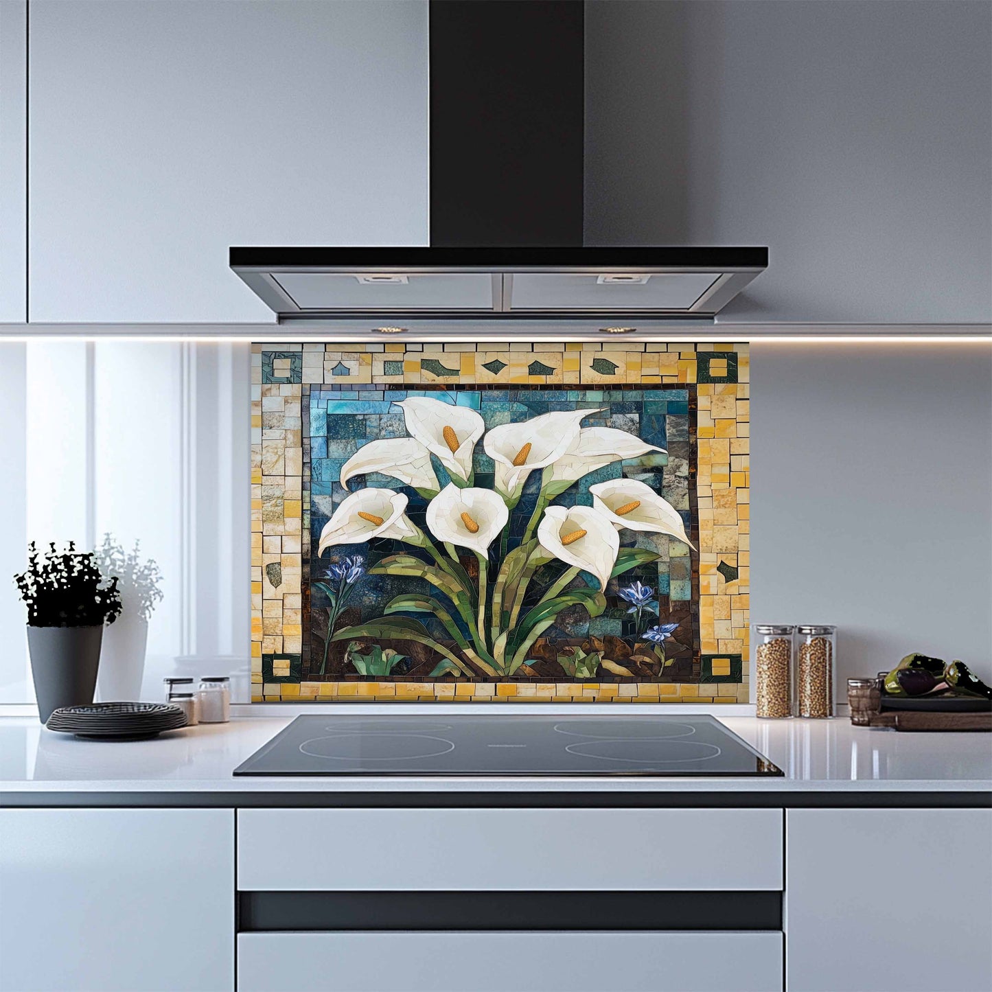 Kitchen with a decorative glass splashback featuring calla lilies.