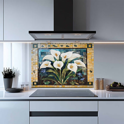 Kitchen with a decorative glass splashback featuring calla lilies.