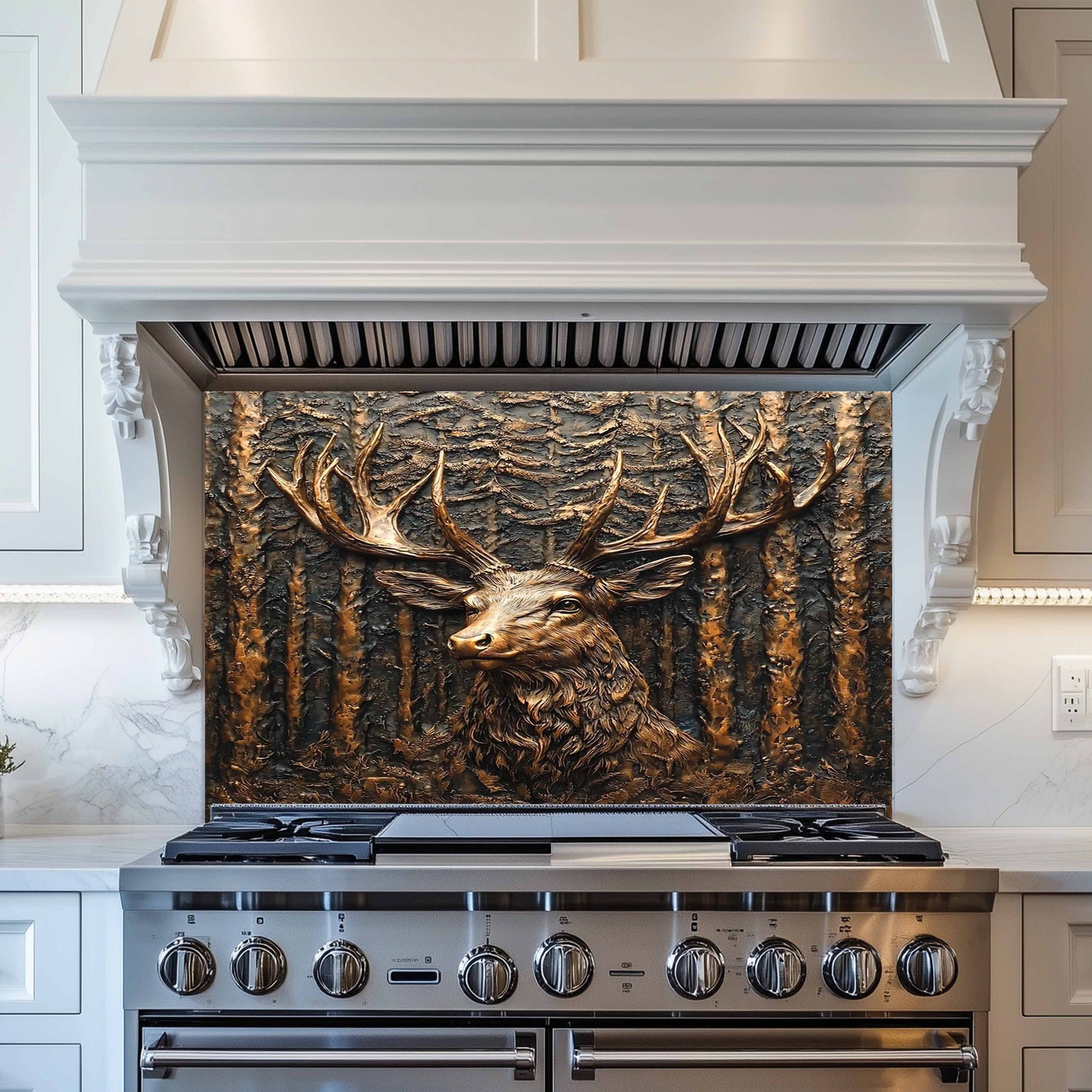 Stainless steel stove with decorative deer head backsplash in a kitchen setting