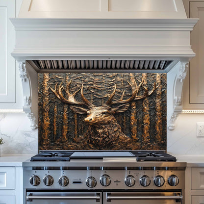 Stainless steel stove with decorative deer head backsplash in a kitchen setting