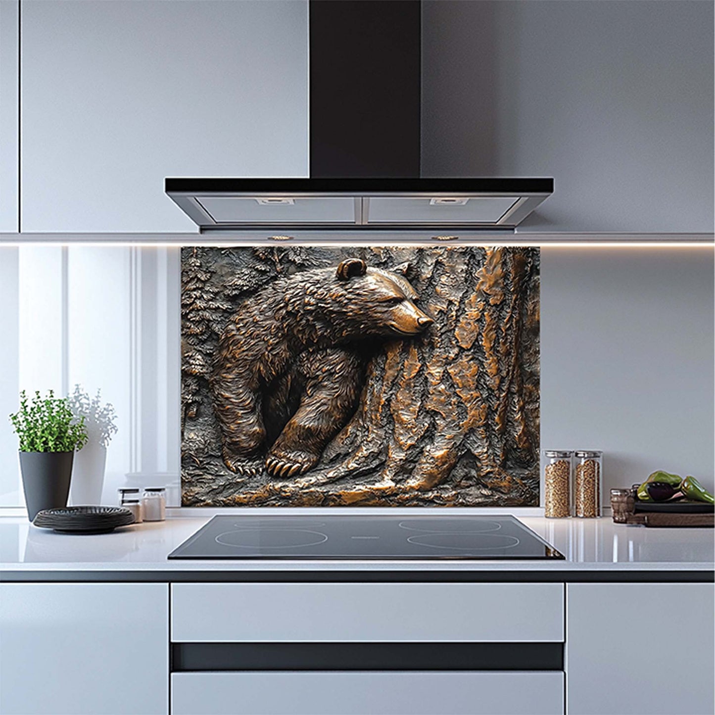 Bear resting by pine tree in copper forest-style tempered glass backsplash – perfect stove backsplash for rustic kitchen.