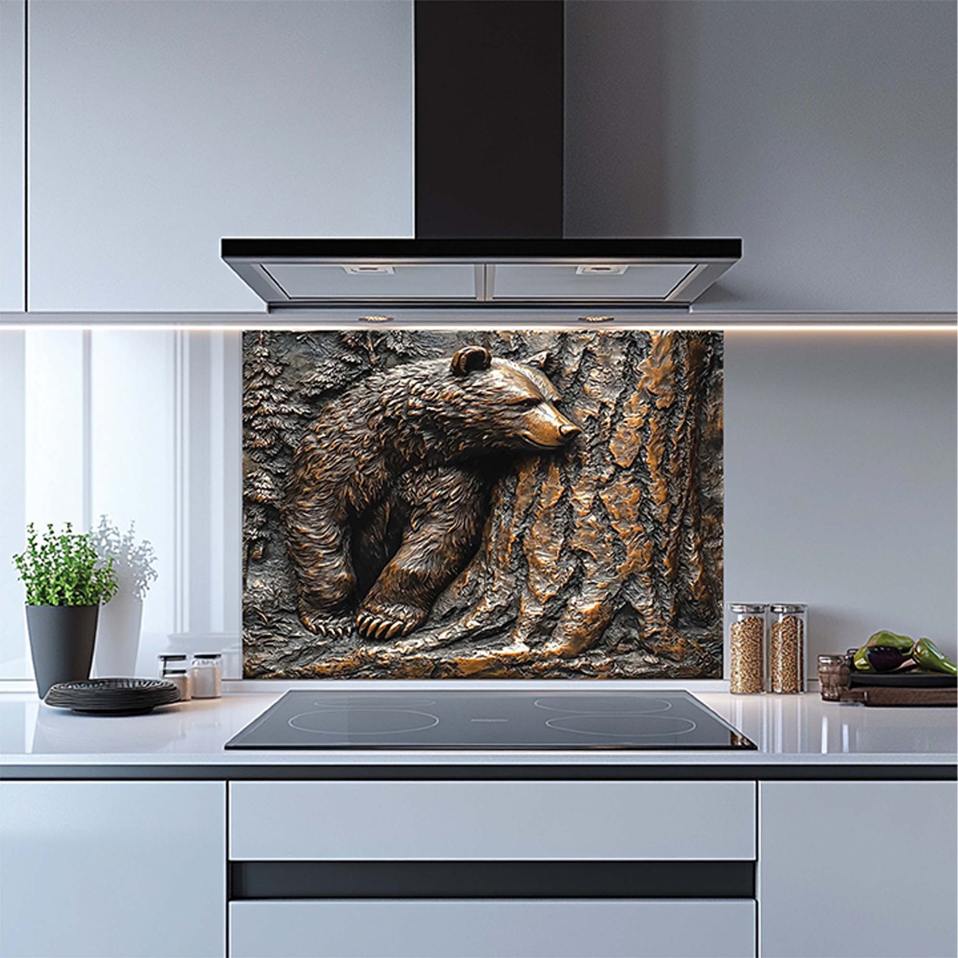 Bear resting by pine tree in copper forest-style tempered glass backsplash – perfect stove backsplash for rustic kitchen.