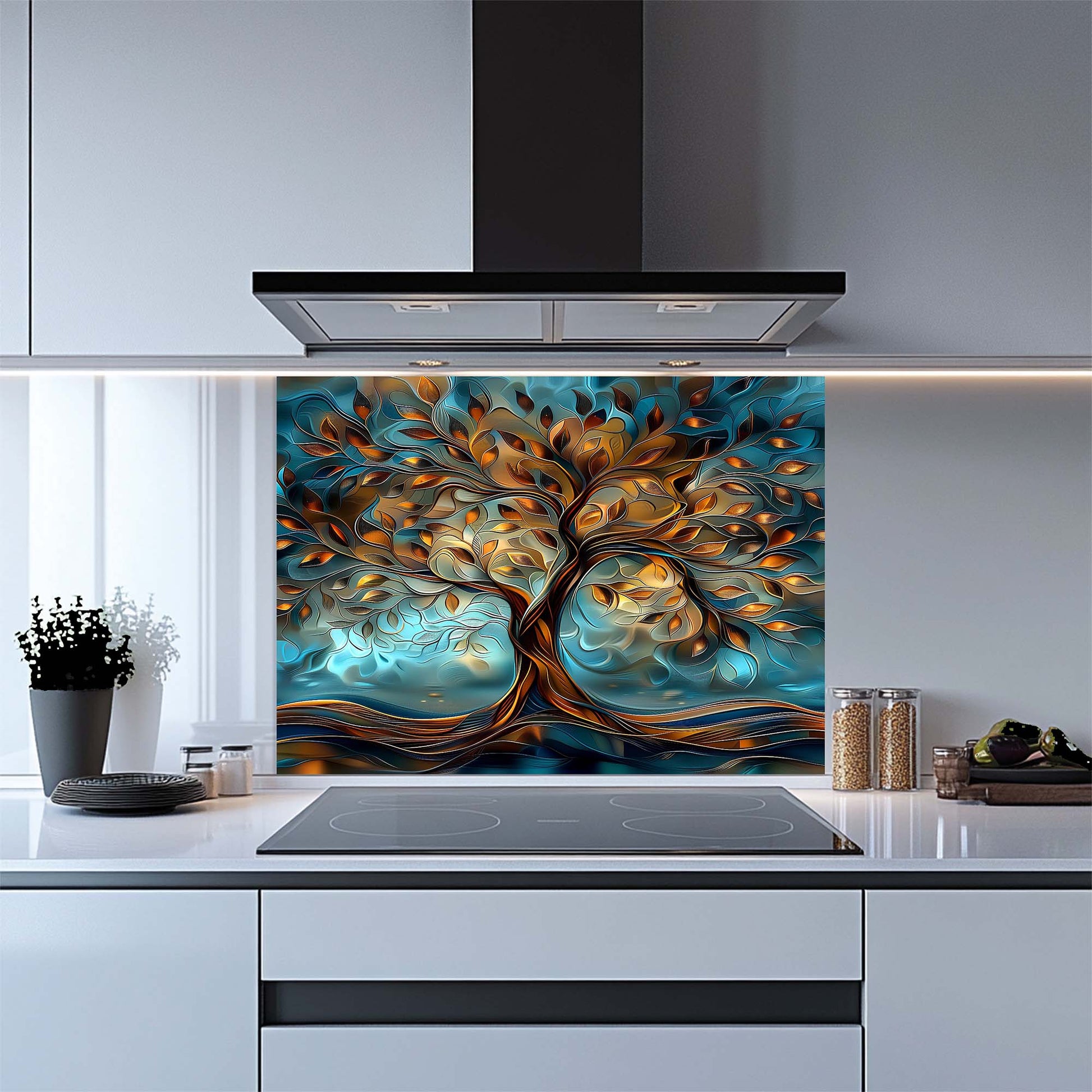 Kitchen with a decorative glass backsplash featuring an abstract tree design.