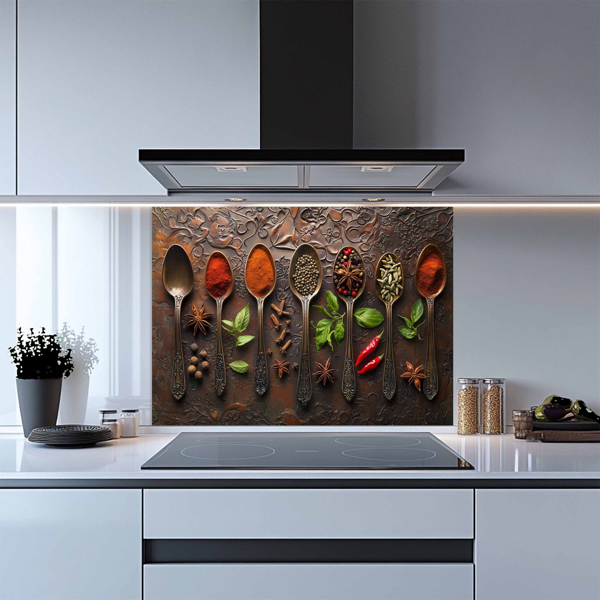Decorative kitchen backsplash with spoons, spices, and herbs on a modern kitchen setting.