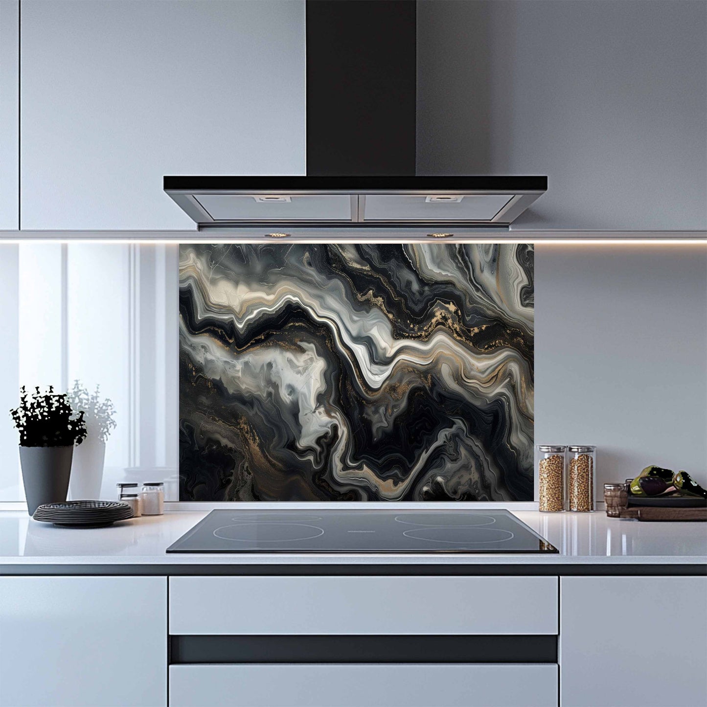 Modern kitchen with a decorative splashback panel featuring abstract black, gray, and white design.
