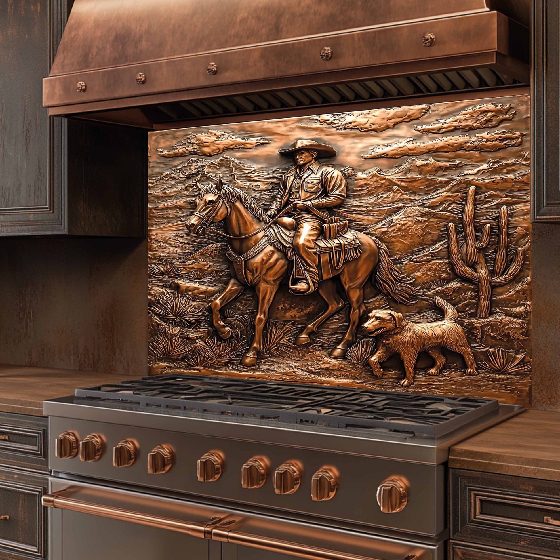 Stainless steel stove with copper accents featuring a cowboy and horse design on the back splash.