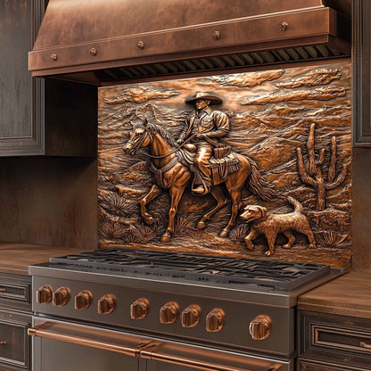 Stainless steel stove with copper accents featuring a cowboy and horse design on the back splash.