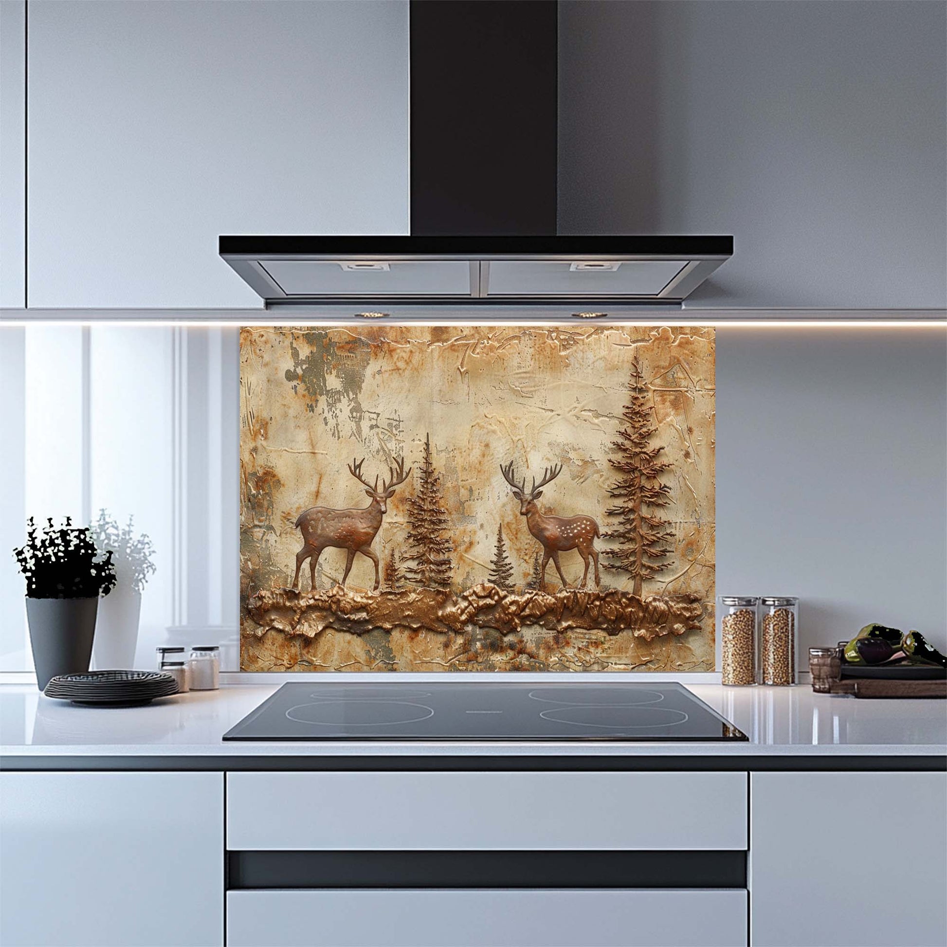 Rustic kitchen glass backsplash with two copper deer in forest. Durable tempered glass, heat-resistant & custom-sized.