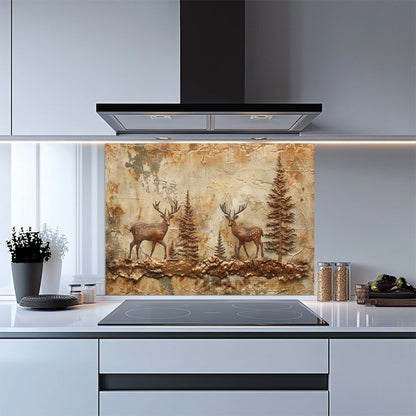 Rustic kitchen glass backsplash with two copper deer in forest. Durable tempered glass, heat-resistant & custom-sized.