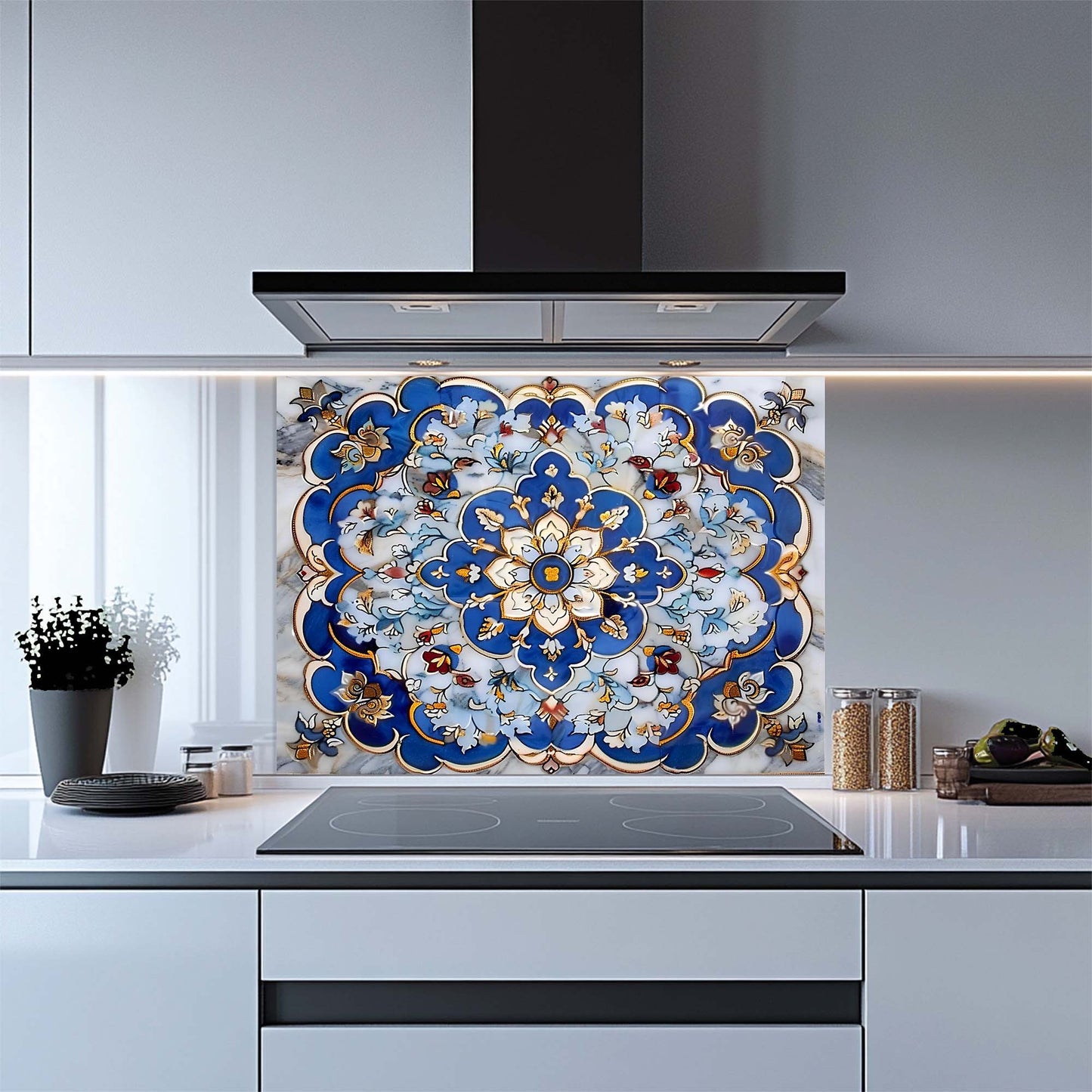 Decorative kitchen backsplash with a blue and gold floral pattern above a stove.