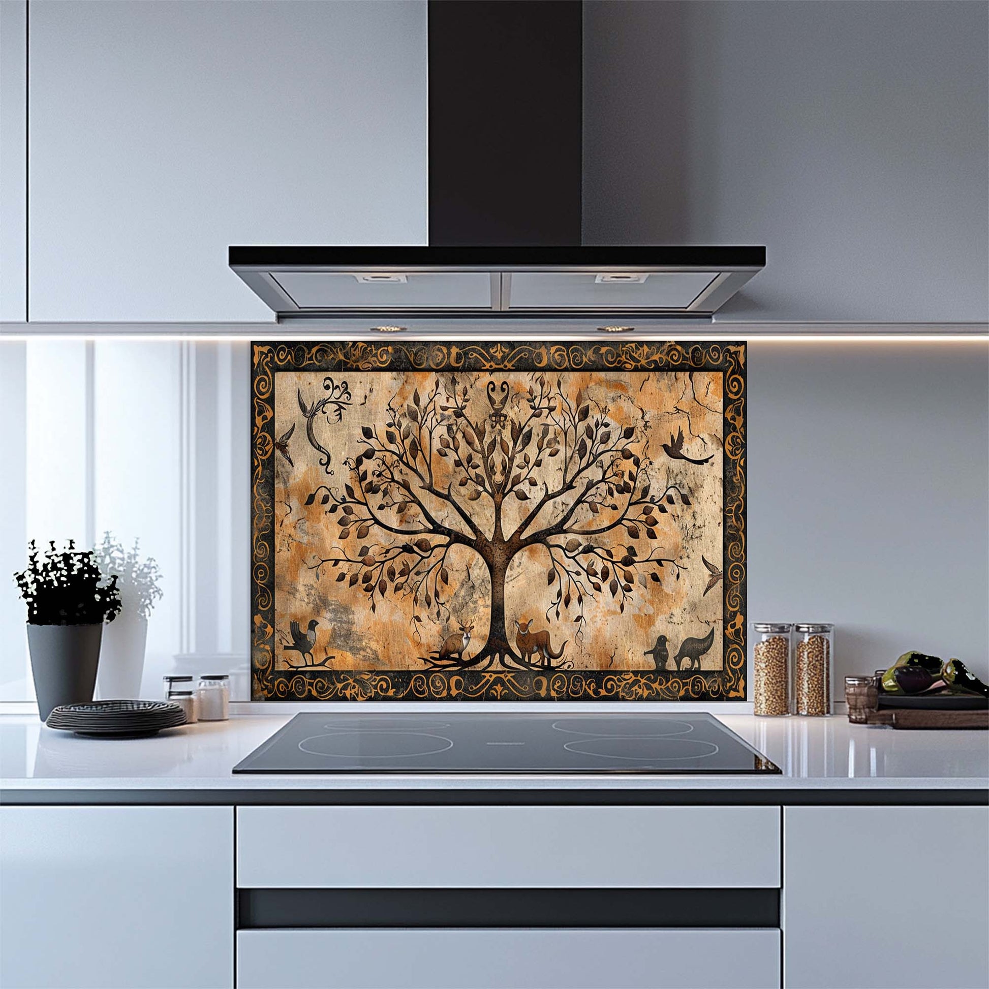 Kitchen with a decorative glass splashback featuring a tree design.