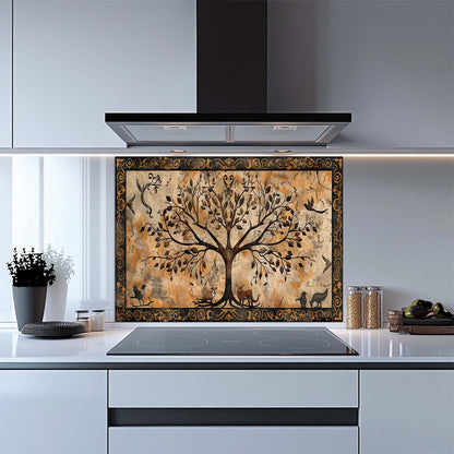 Kitchen with a decorative glass splashback featuring a tree design.