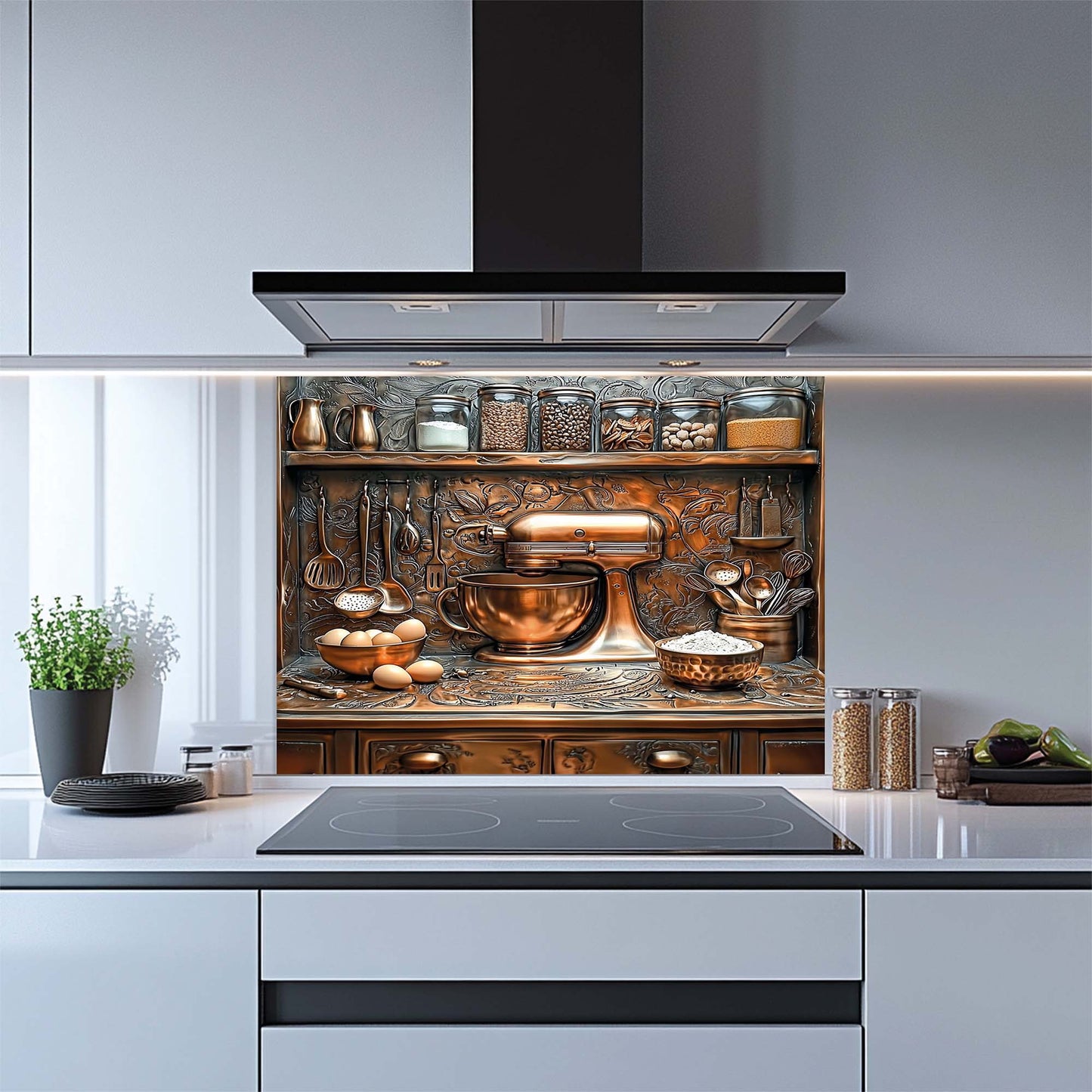 Modern kitchen with glass backsplash featuring kitchen appliances and utensils.