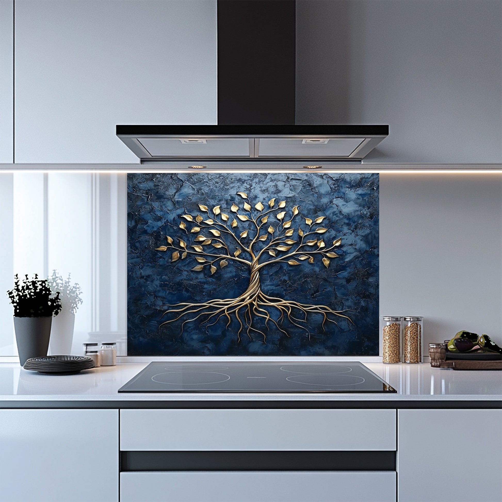 Kitchen with a decorative glass splashback featuring a tree design.