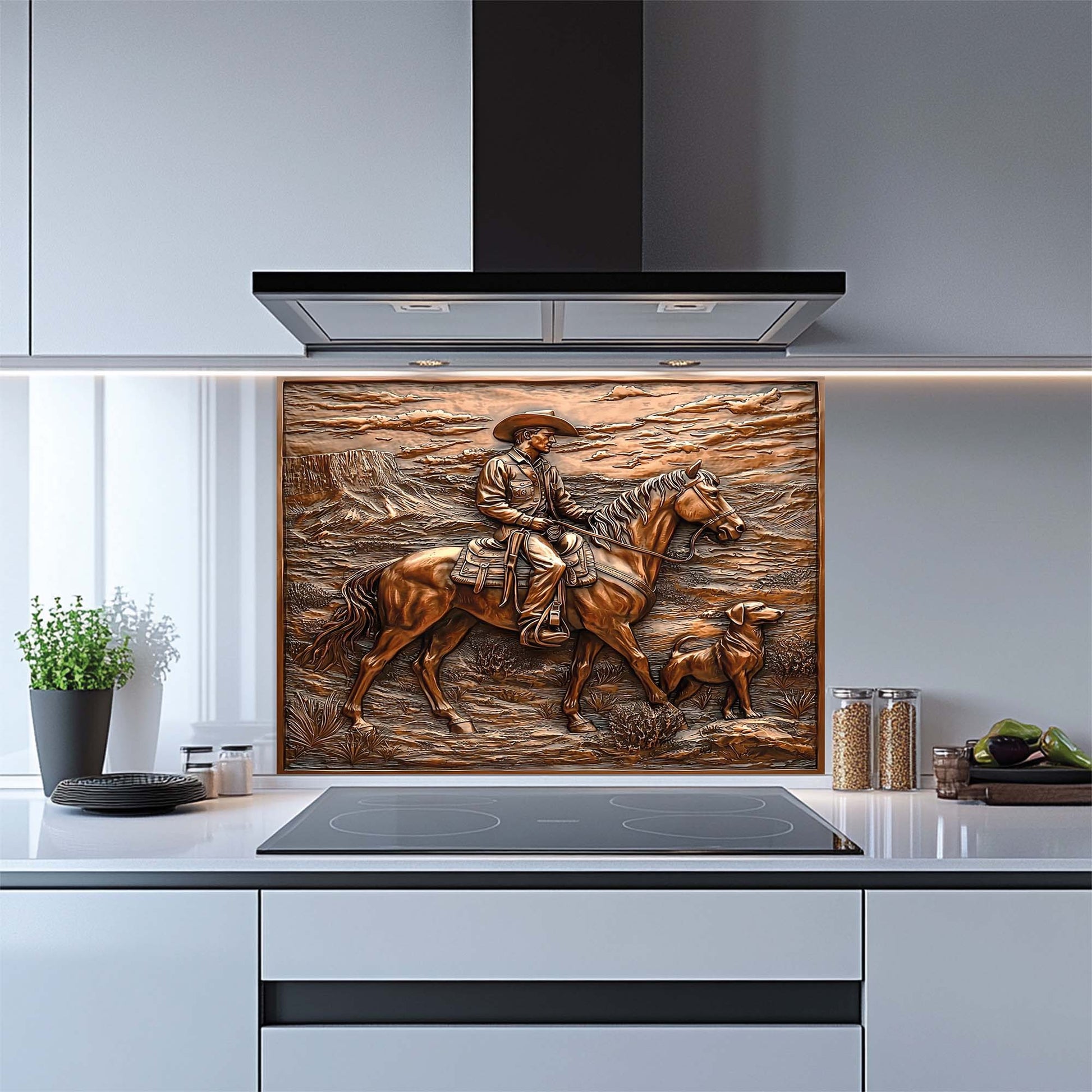 Decorative glass backsplash of a cowboy on horseback in a modern kitchen.