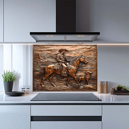 Decorative glass backsplash of a cowboy on horseback in a modern kitchen.