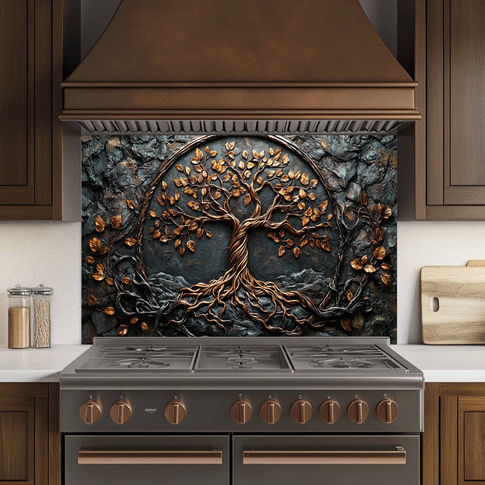 Decorative backsplash with tree design above a stove in a kitchen.