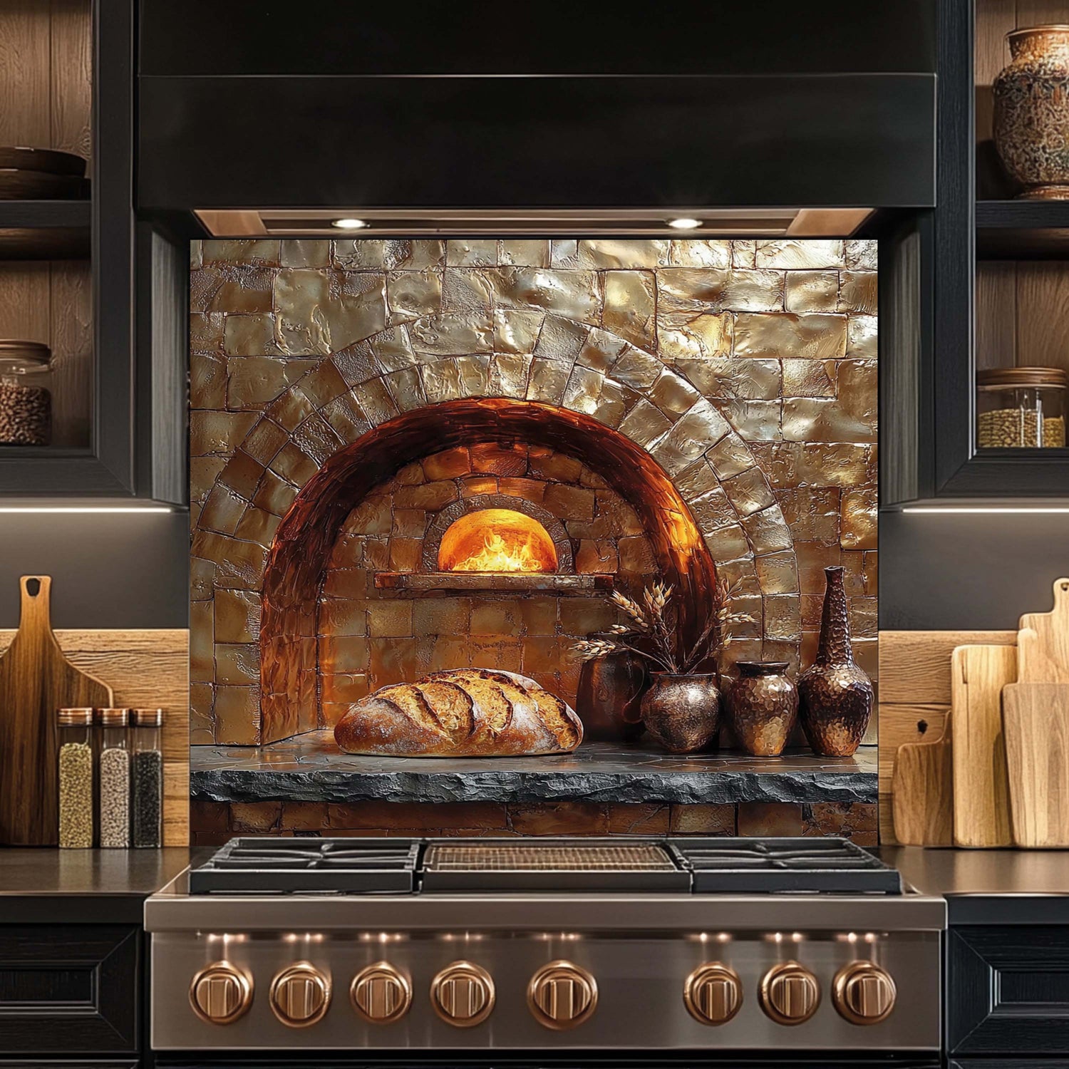 Stainless steel stove with a decorative stone oven backsplash featuring bread and potted plants.