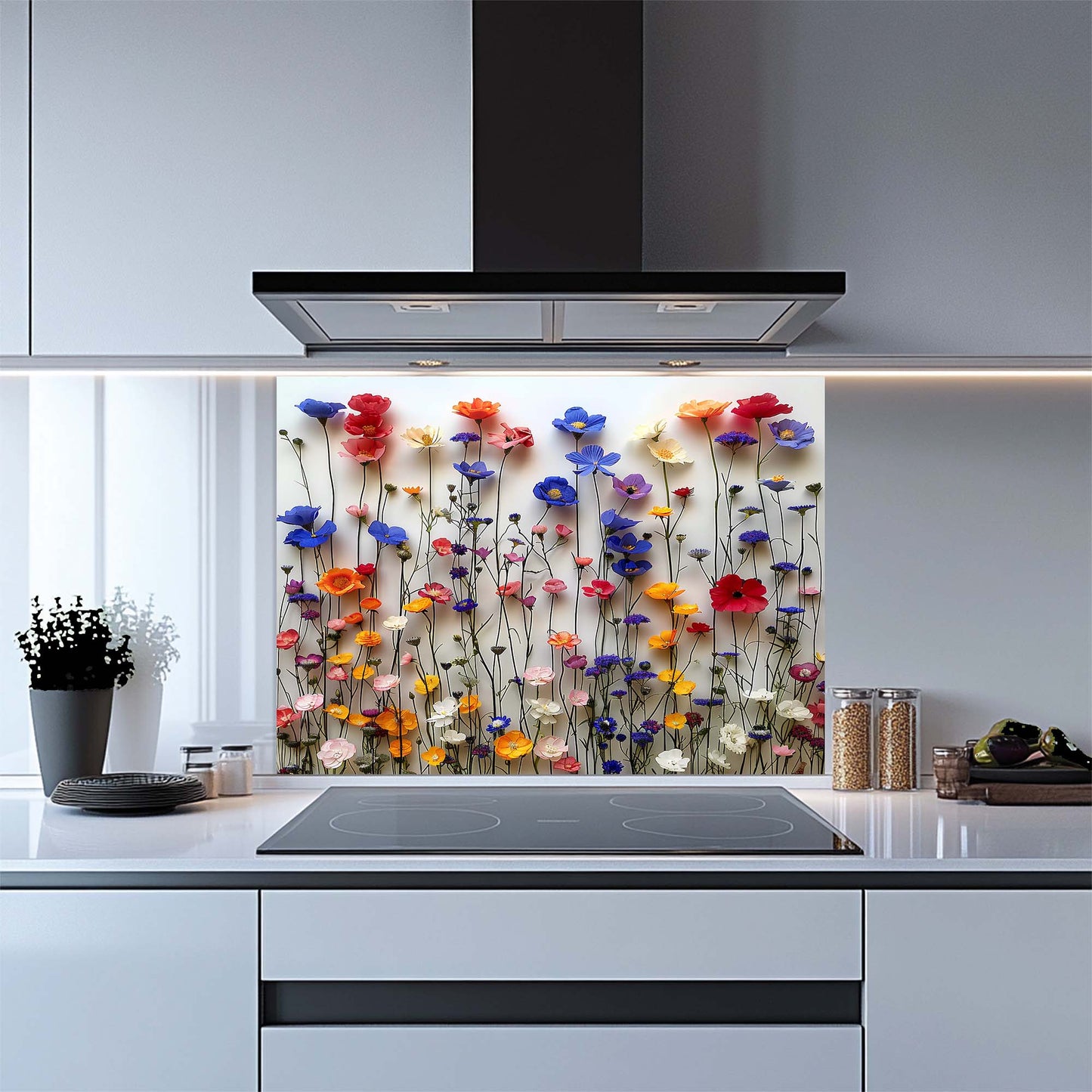 Kitchen with colorful floral design on a glass splashback, modern kitchen appliances, and decor.