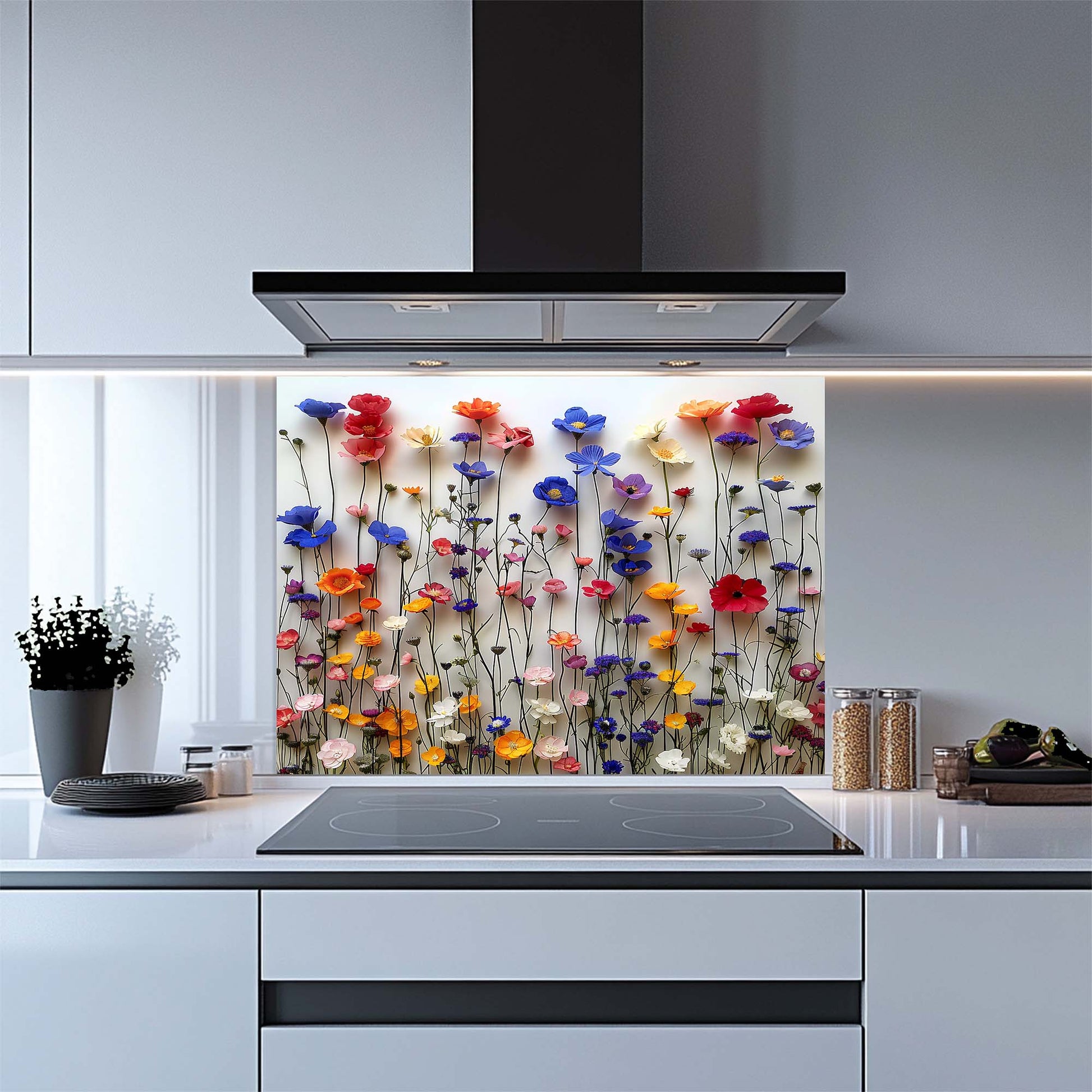 Kitchen with colorful floral design on a glass splashback, modern kitchen appliances, and decor.