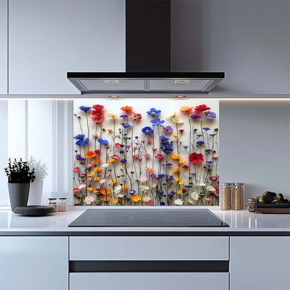Kitchen with colorful floral design on a glass splashback, modern kitchen appliances, and decor.