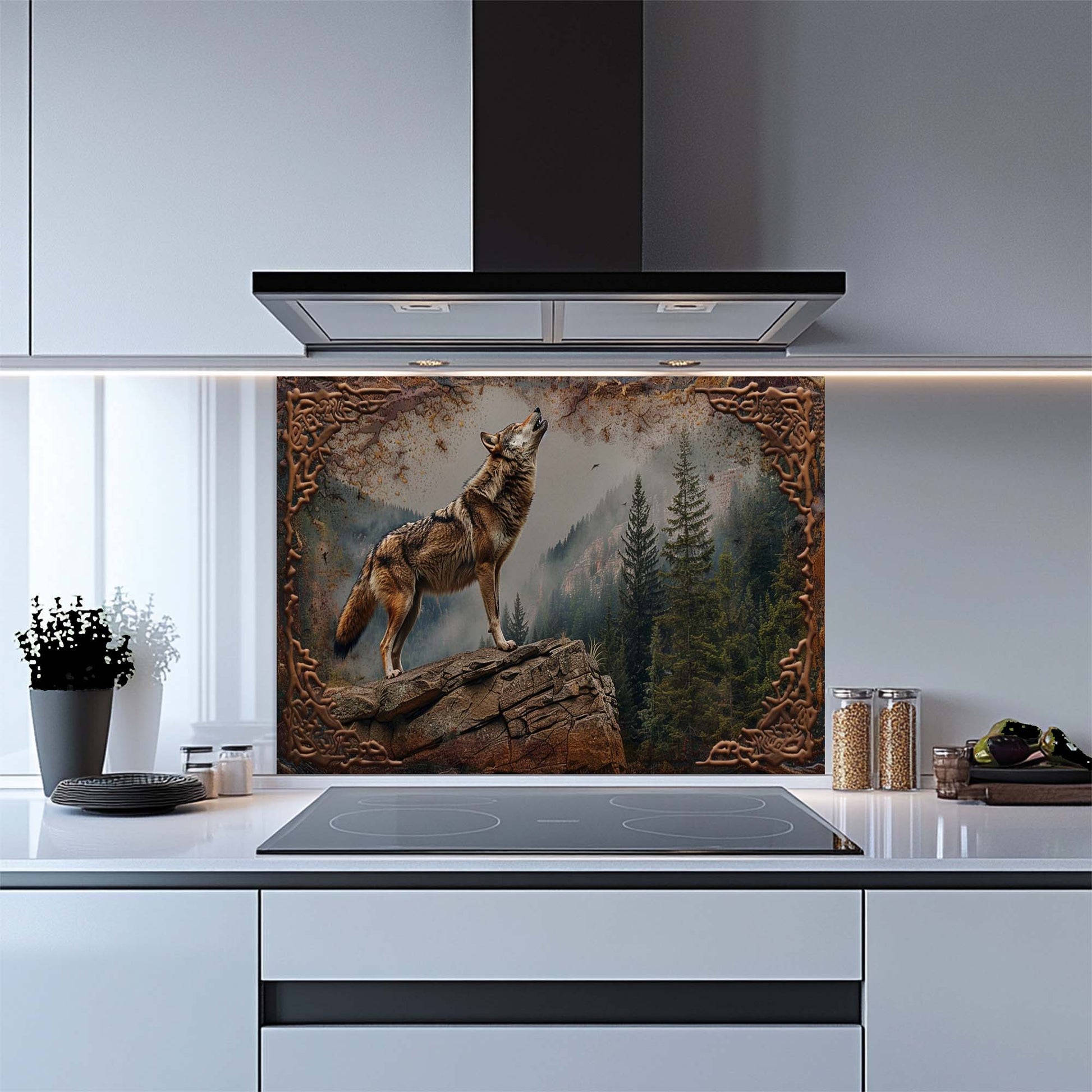 Kitchen with a wolf artwork on the glass backsplash, featuring a wolf standing on a rock with trees and mountains in the background.
