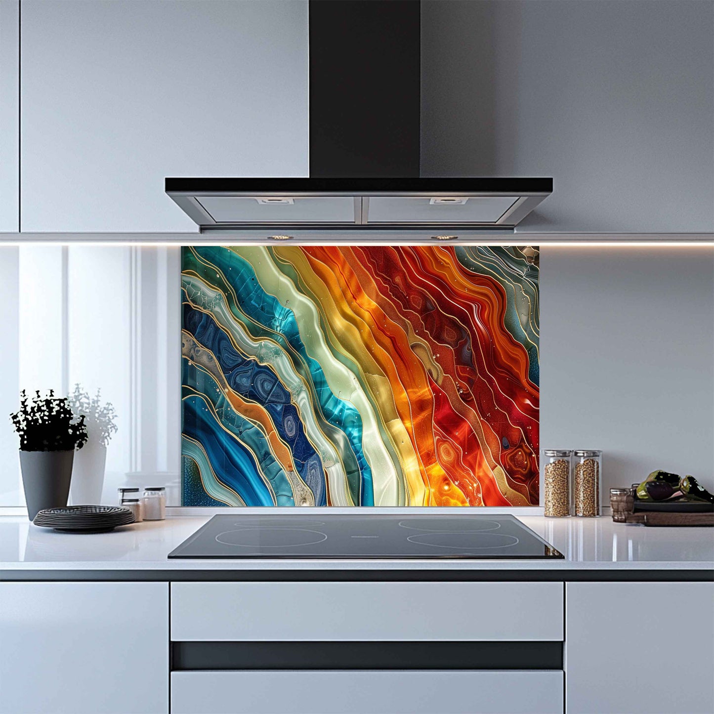 Modern kitchen with a colorful glass splashback panel.