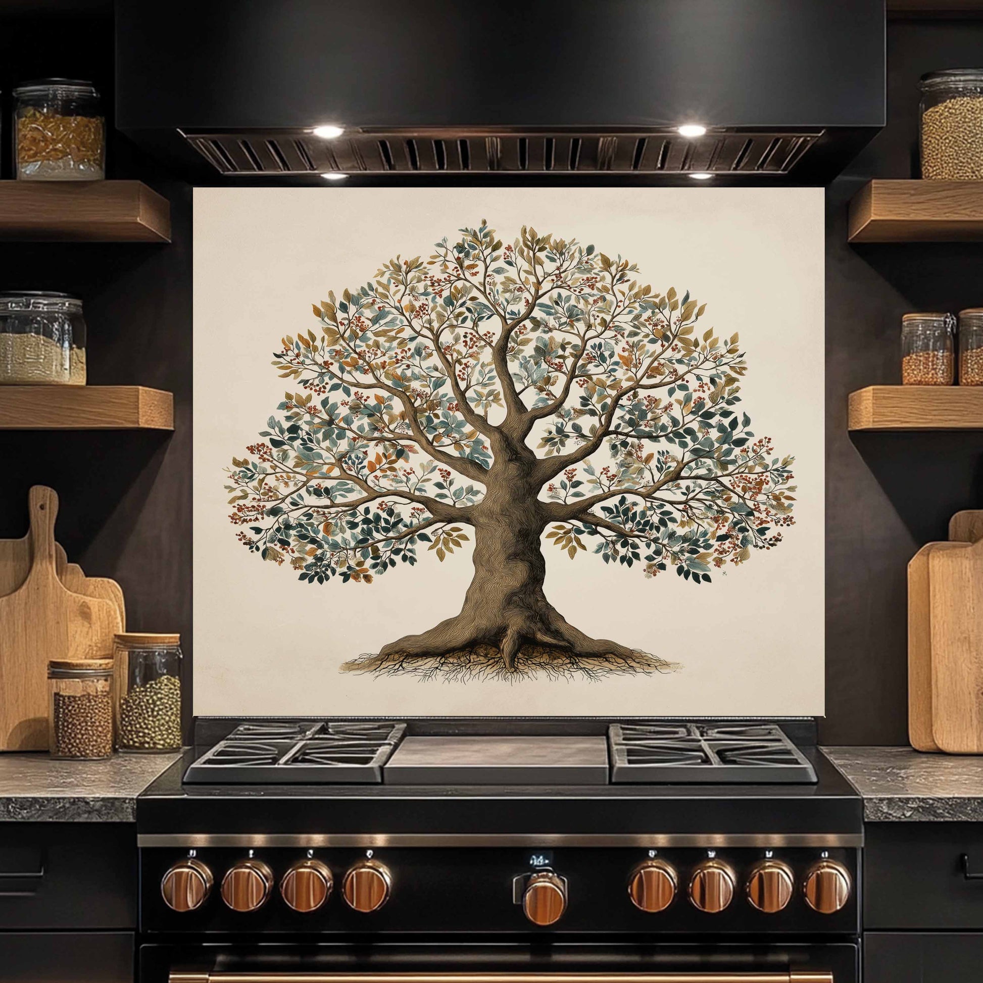 Kitchen backsplash of a tree above a stove in a kitchen setting.