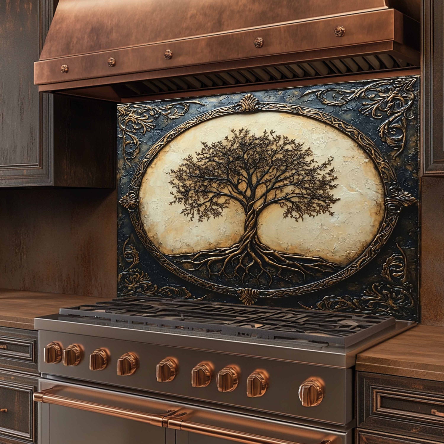 Decorative stove with tree design on the kitchen stove glass backsplash in a kitchen setting.