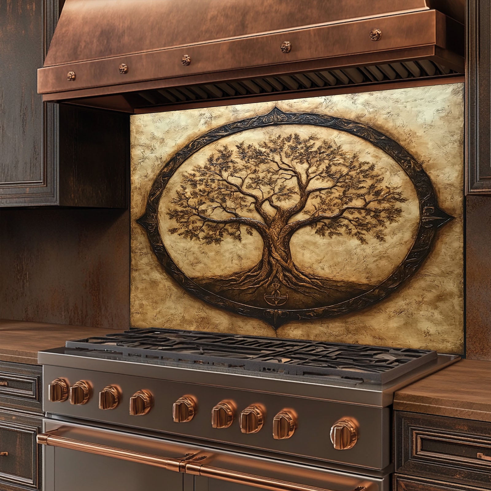 Stainless steel stove with decorative tree backsplash in a kitchen setting