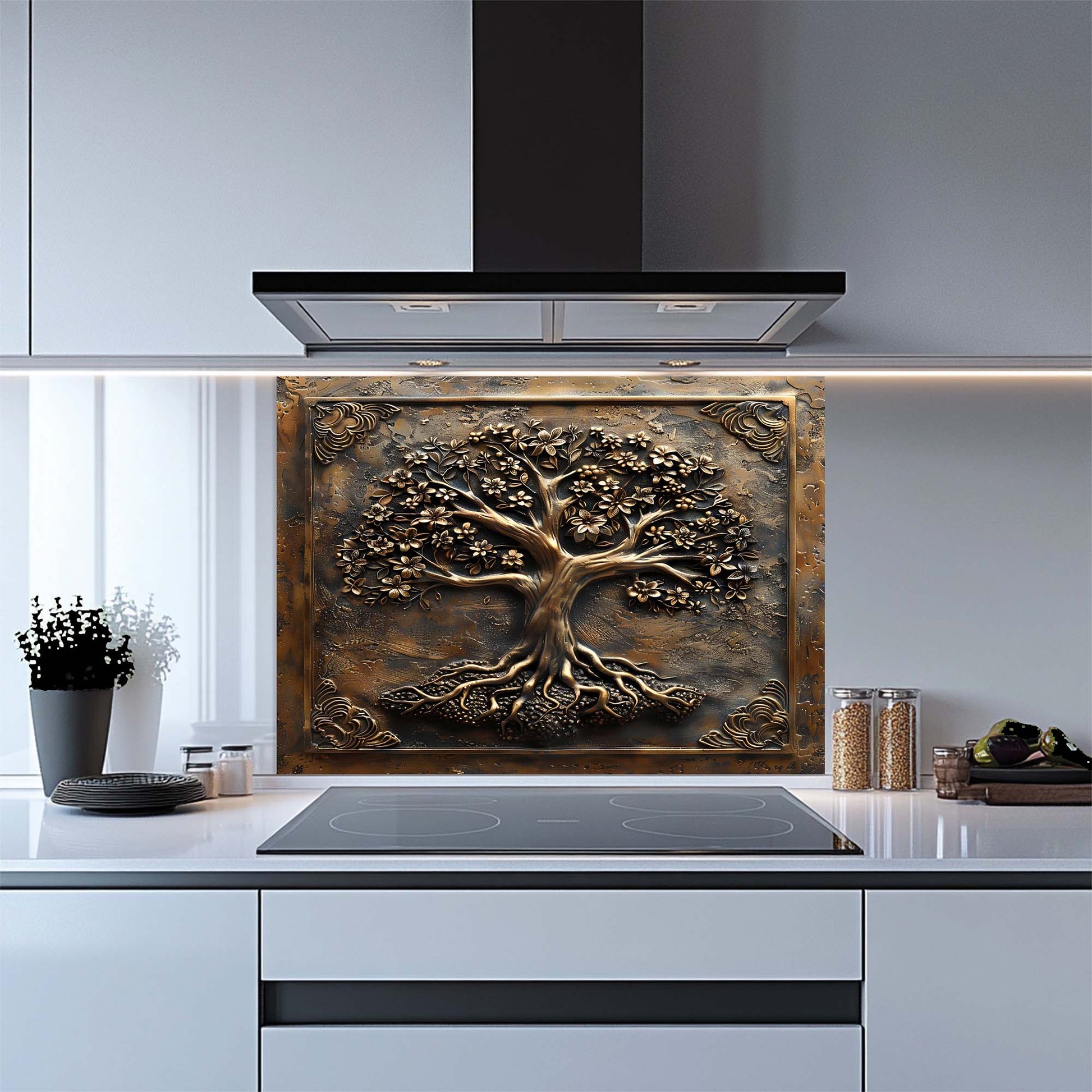 Decorative glass backsplash with tree design in a modern kitchen