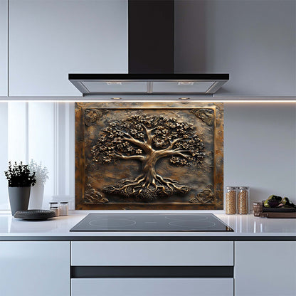 Decorative glass backsplash with tree design in a modern kitchen