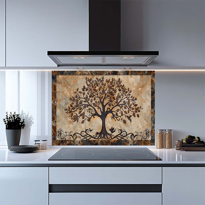 Kitchen with a decorative glass splashback featuring a tree design.