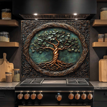 Decorative backsplash with a tree design above a stove in a kitchen setting.