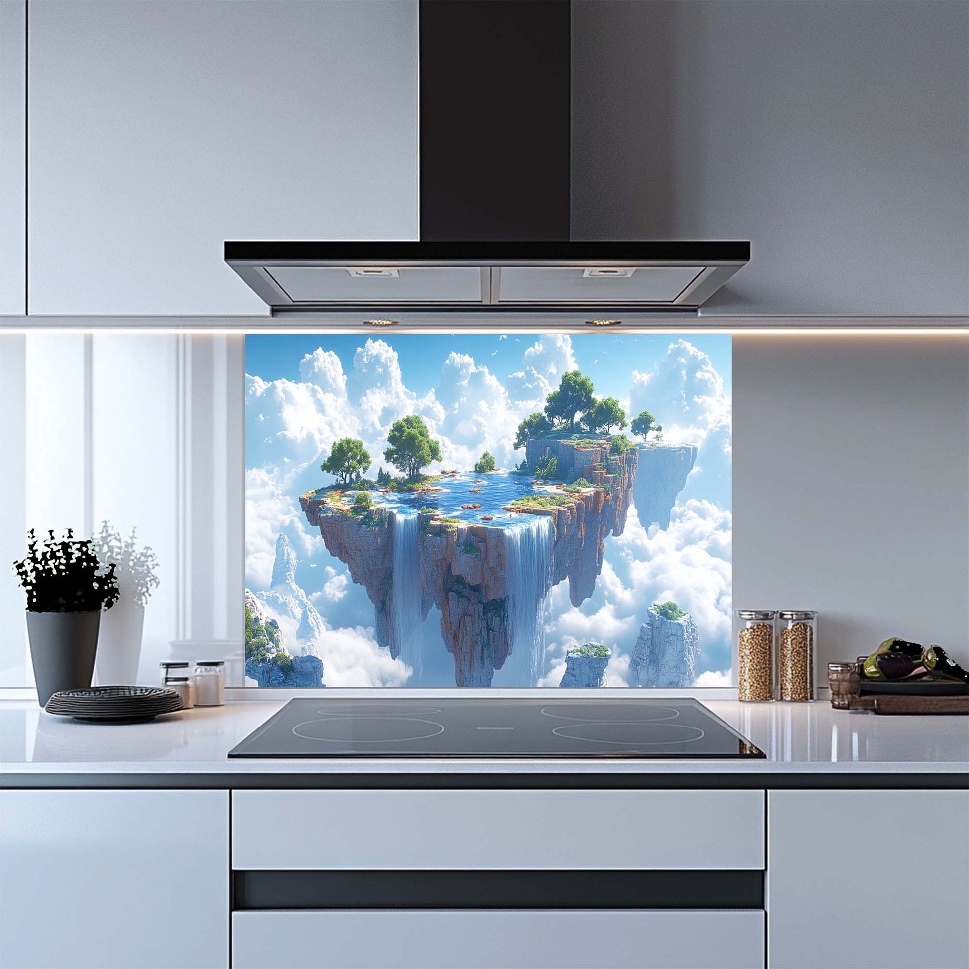 Modern kitchen with a decorative glass splashback featuring a floating island scene.