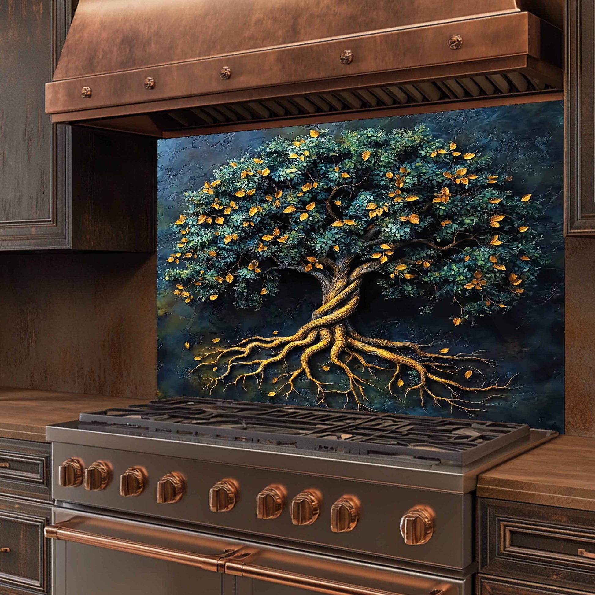 Decorative backsplash with a tree design above a stove in a kitchen.