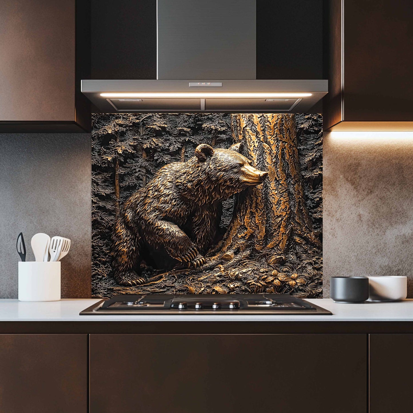 Kitchen with a bear-themed backsplash panel above a stove.