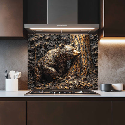 Kitchen with a bear-themed backsplash panel above a stove.