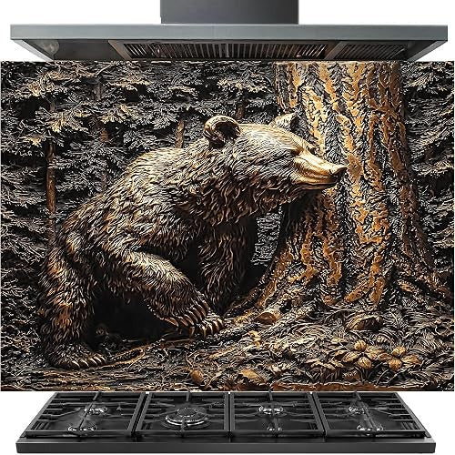 A gas range hood and cooktop set featuring a large decorative backsplash tile with a detailed 3D-style print of a brown bear sitting beside a tree trunk in a forest.