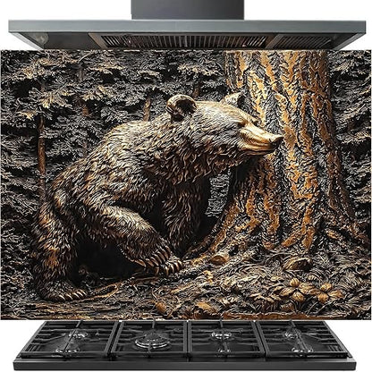 A gas range hood and cooktop set featuring a large decorative backsplash tile with a detailed 3D-style print of a brown bear sitting beside a tree trunk in a forest.