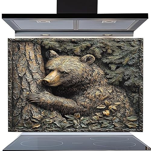 Forest Hug – Tempered Glass Backsplash for Rustic Kitchen | Bear & Pine Tree Copper Look