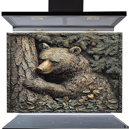 Forest Hug – Tempered Glass Backsplash for Rustic Kitchen | Bear & Pine Tree Copper Look