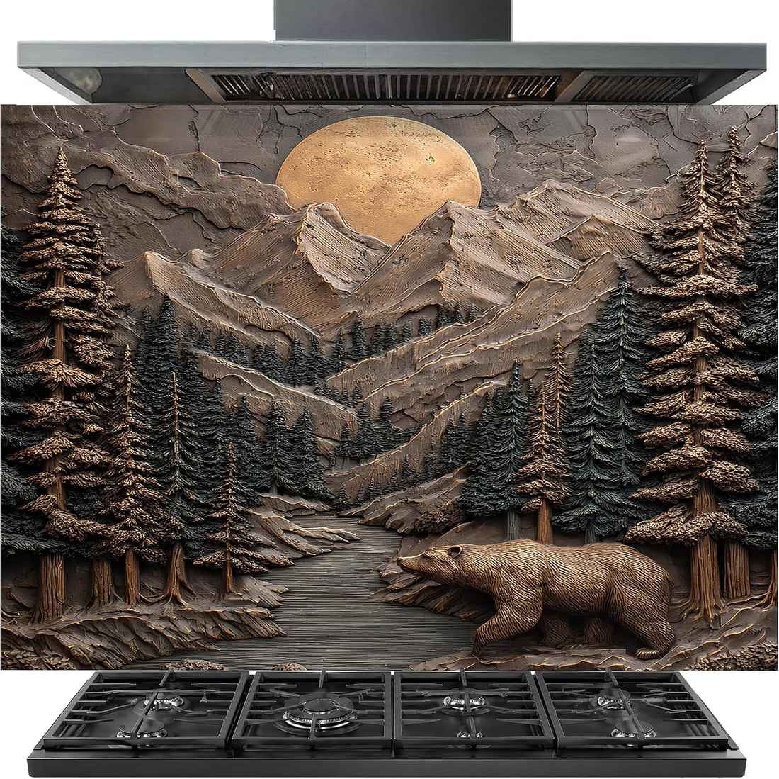 A large stainless steel range hood with a decorative 3D mountain forest panel behind it, featuring a bear, trees, and a moon, above a black gas cooktop.