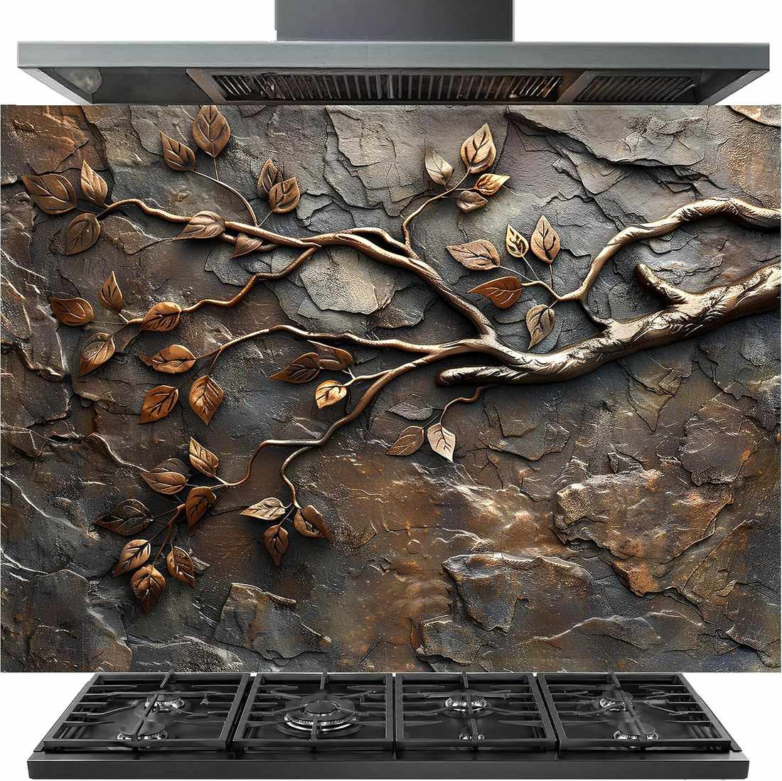 A gas range hood and cooktop set featuring a large textured stone backsplash with a raised bronze tree branch and leaf design, shown against a plain white background.