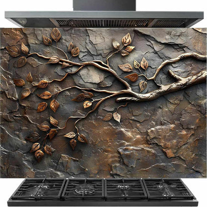 A gas range hood and cooktop set featuring a large textured stone backsplash with a raised bronze tree branch and leaf design, shown against a plain white background.